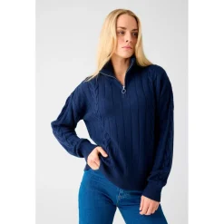 KnowledgeCotton Apparel - Women's M. 1/2 Zip High Neck Cable - Wollpullover